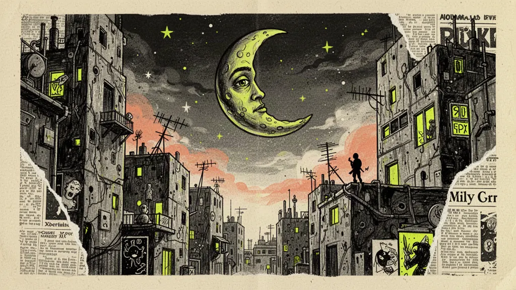 Surreal collage of a watching moon above a warped nighttime city