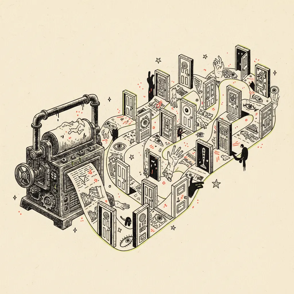 A surreal printing press spilling paper into a labyrinth of strange fictional doors